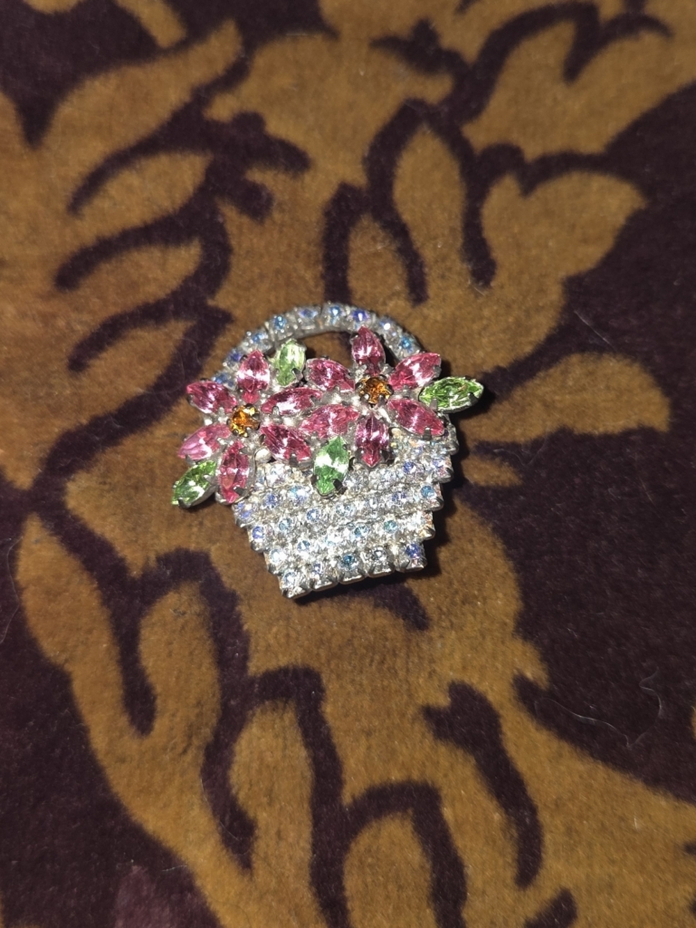 Brooch Pin Flower Basket W/Rhinestones Covering The Whole Pin.